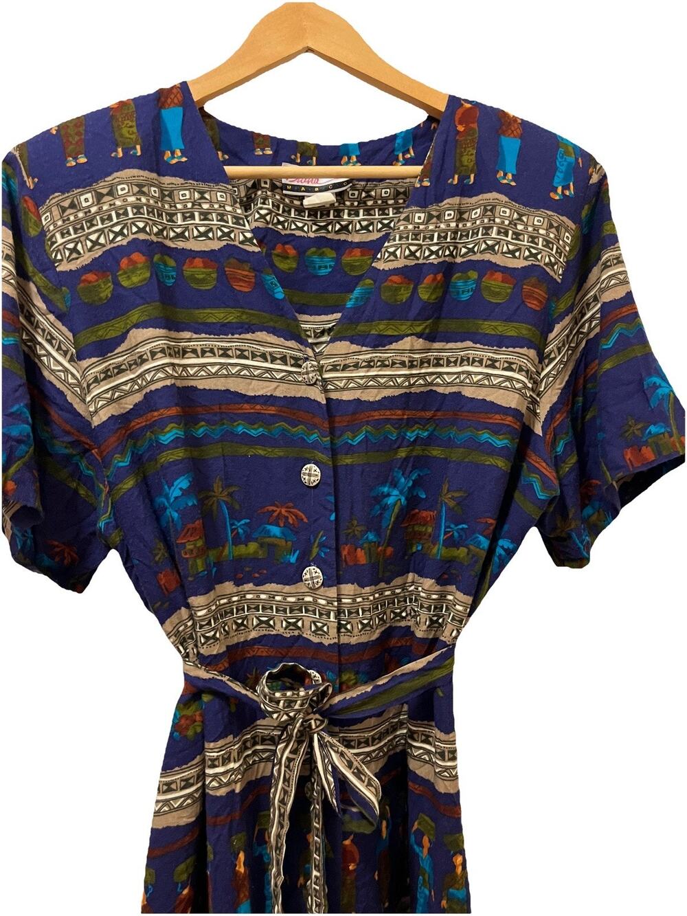 VTG 90s Button Up Maxi Dress Coastal Art to Wear Ethnic Tribal Boho Jungle 18